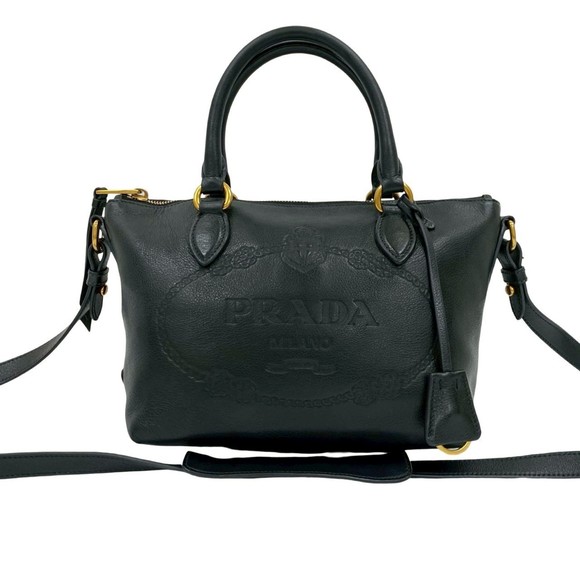 PRADA Prada Embossed Triangle Logo Hardware Leather 2-Way Handbag Mini Tote B... - Picture 1 of 10